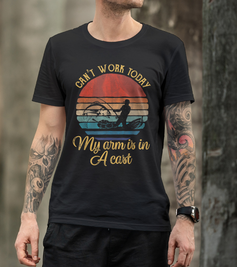 Can't Work Today My Arm Is In A Cast Vintage Sunset Fishing T-Shirt
