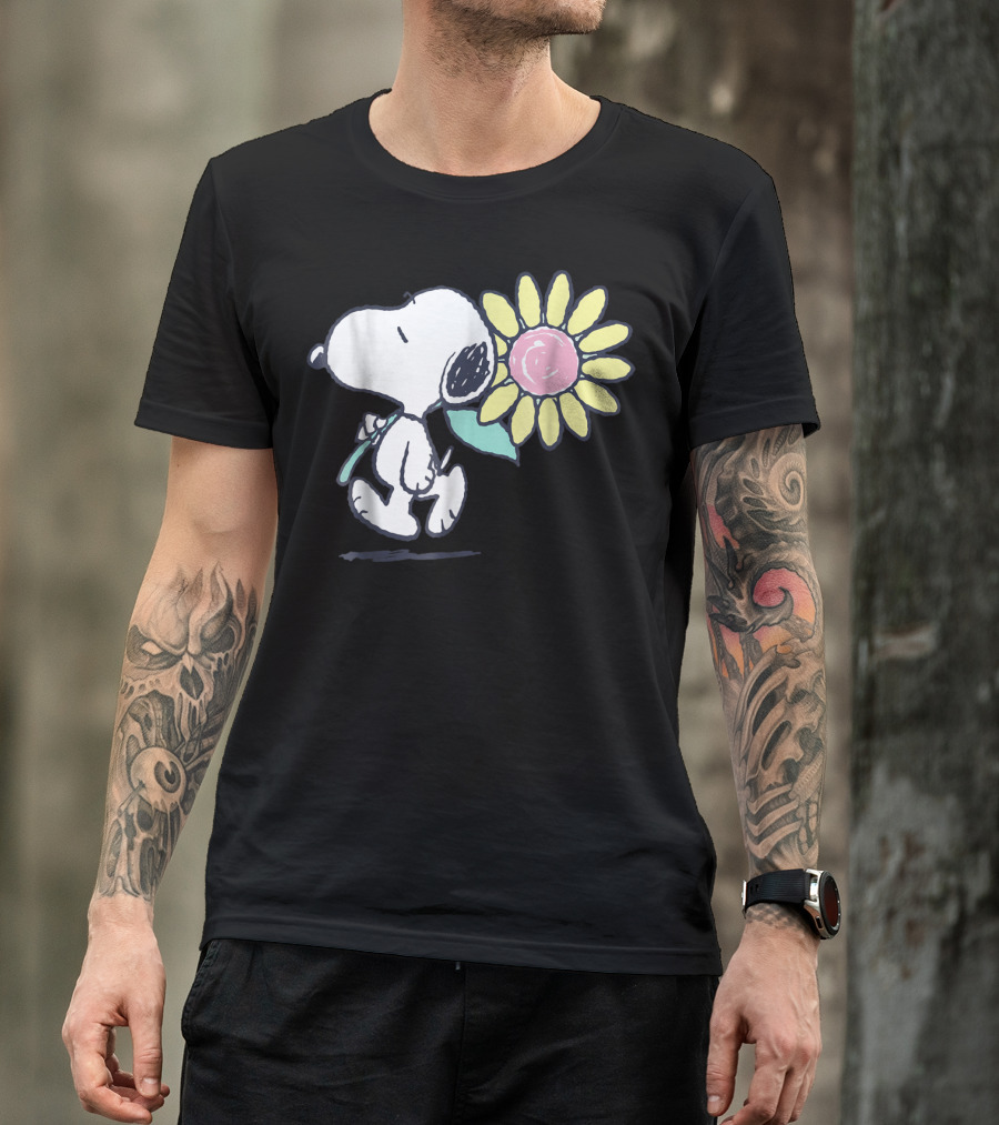 Peanuts Snoopy Walking With Pink Daisy Flower T-Shirt