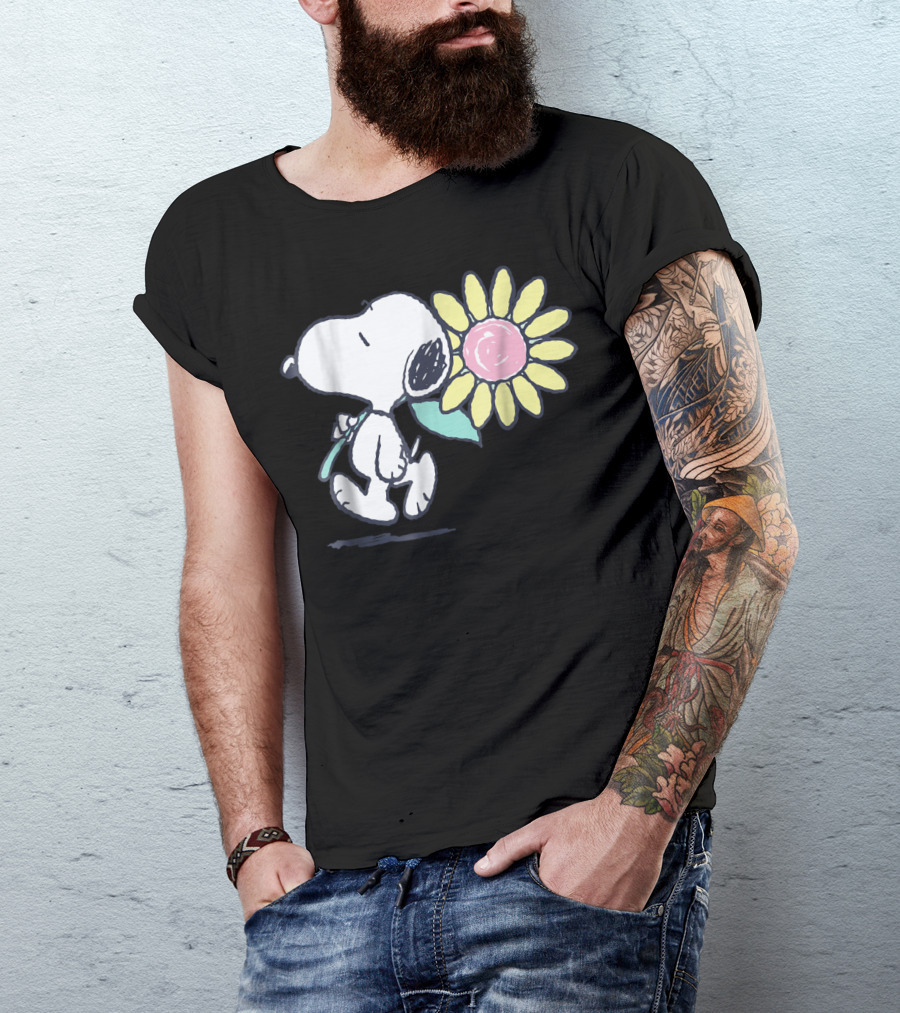 Peanuts Snoopy Walking With Pink Daisy Flower T-Shirt