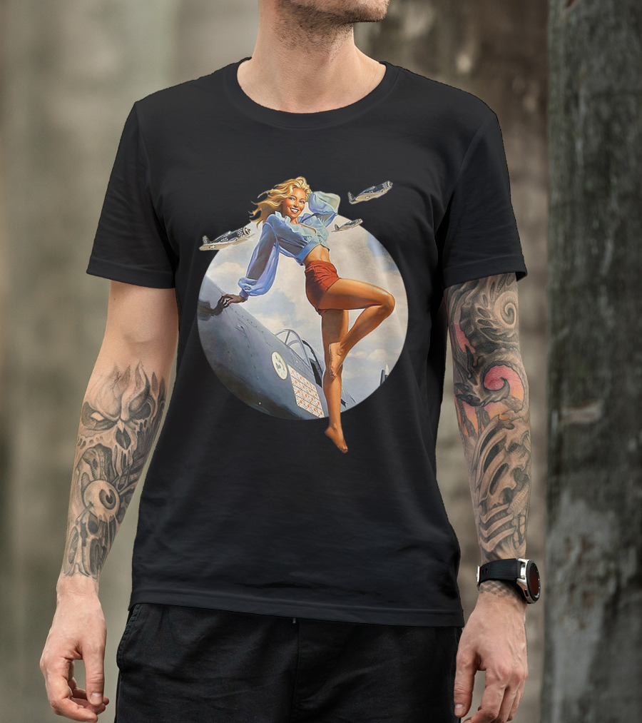 Pin Up Blonde With WWII 40s Air Force Plane And Iconic T-Shirt