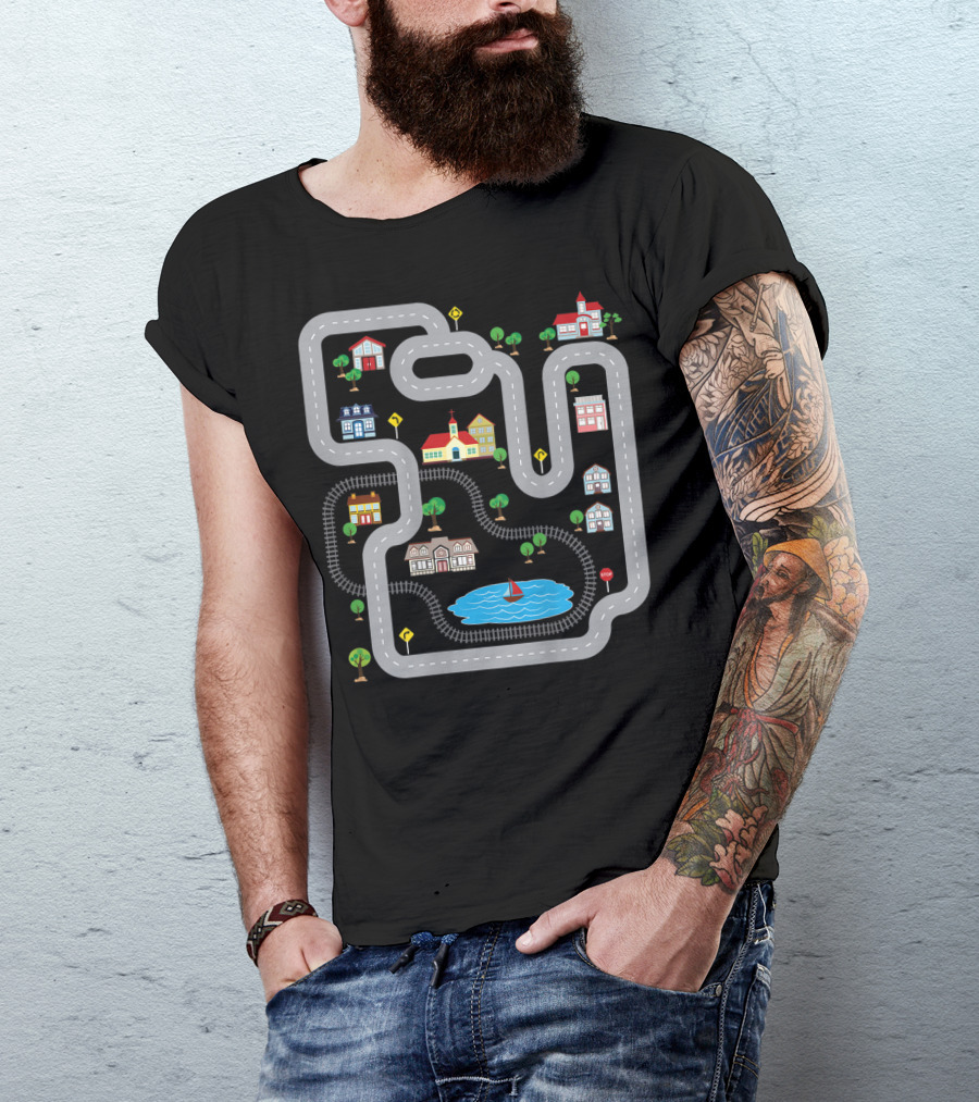 Playmat Road With Train Track And Car Race Route Through Town T-Shirt