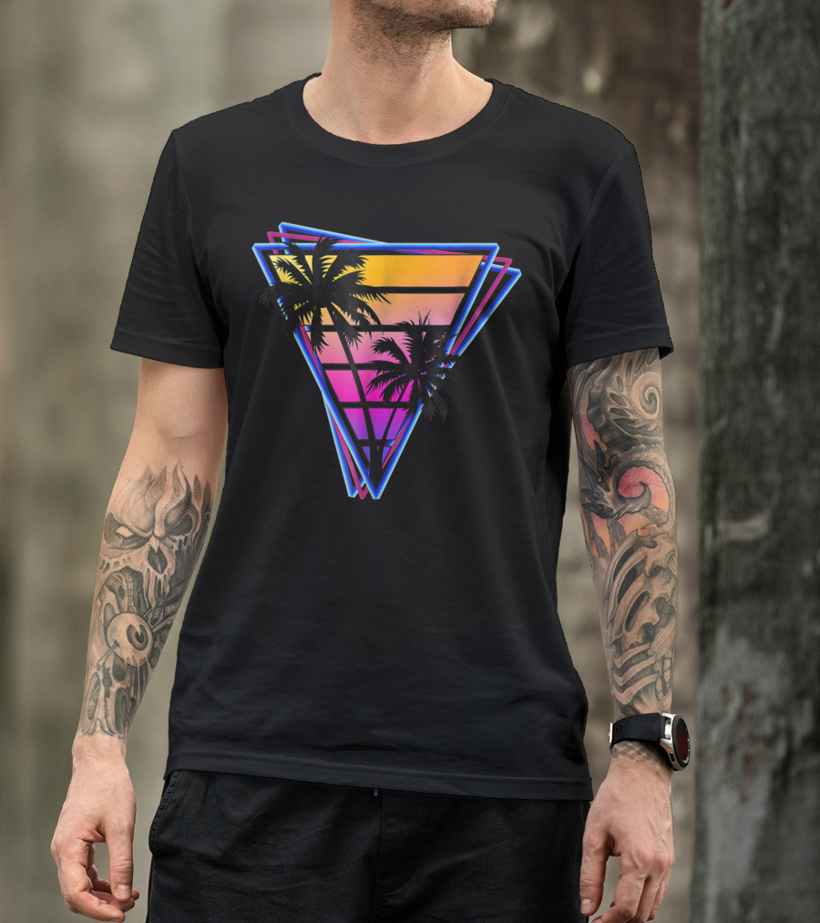 Synthwave Triangle Neon Sunset Palm Trees T-Shirt
