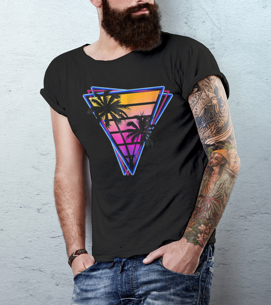 Synthwave Triangle Neon Sunset Palm Trees T-Shirt