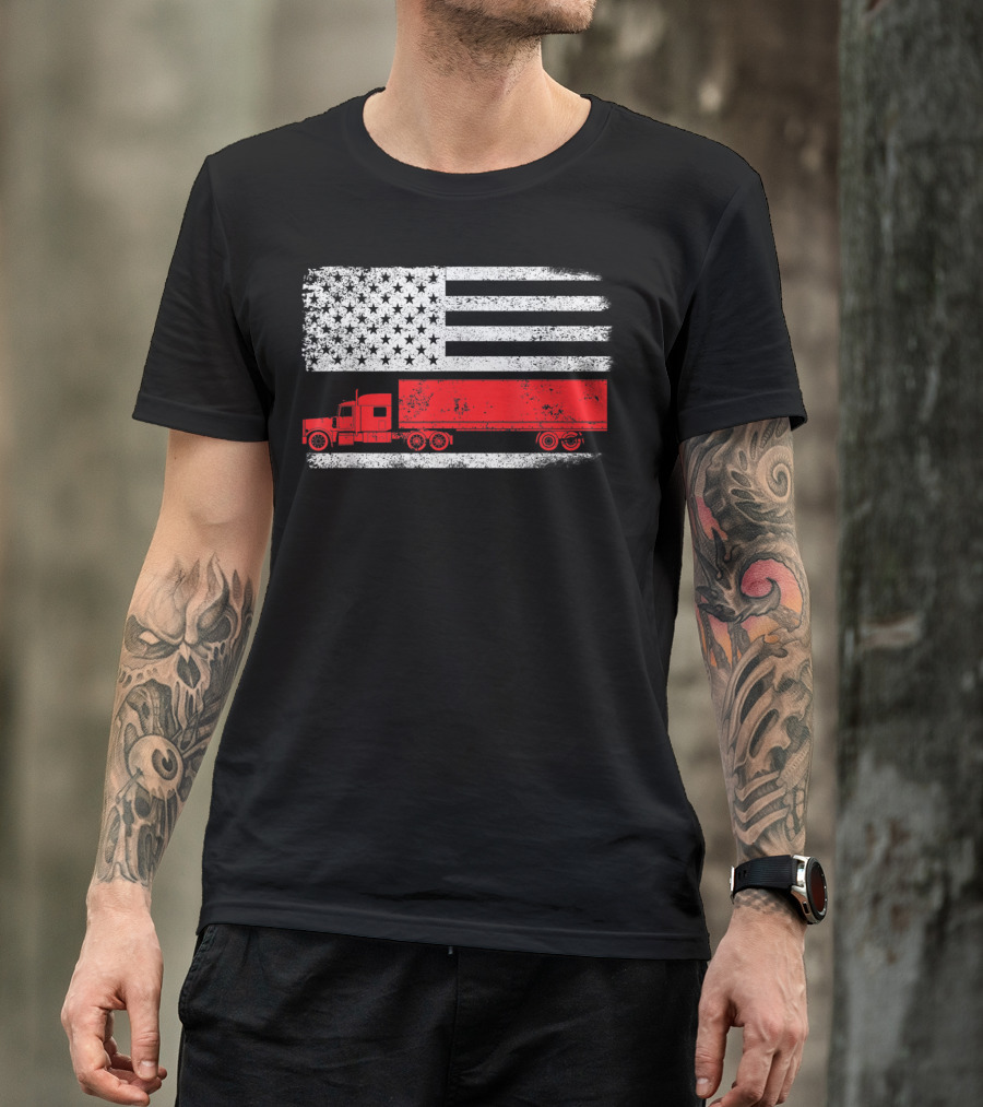 USA Flag American Trucker Red Semi Truck T-Shirt