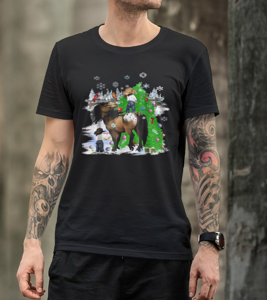 Holiday Cowboy Christmas Scene With Horse Snowflakes And Tree T-Shirt