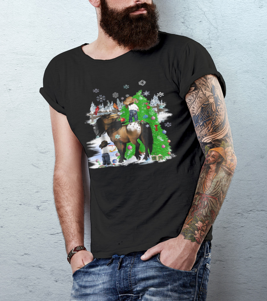 Holiday Cowboy Christmas Scene With Horse Snowflakes And Tree T-Shirt