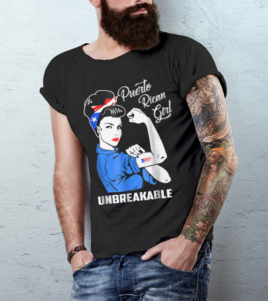 Puerto Rican Girl Unbreakable Rosie The Riveter Flag Tattoo Heritage T-Shirt