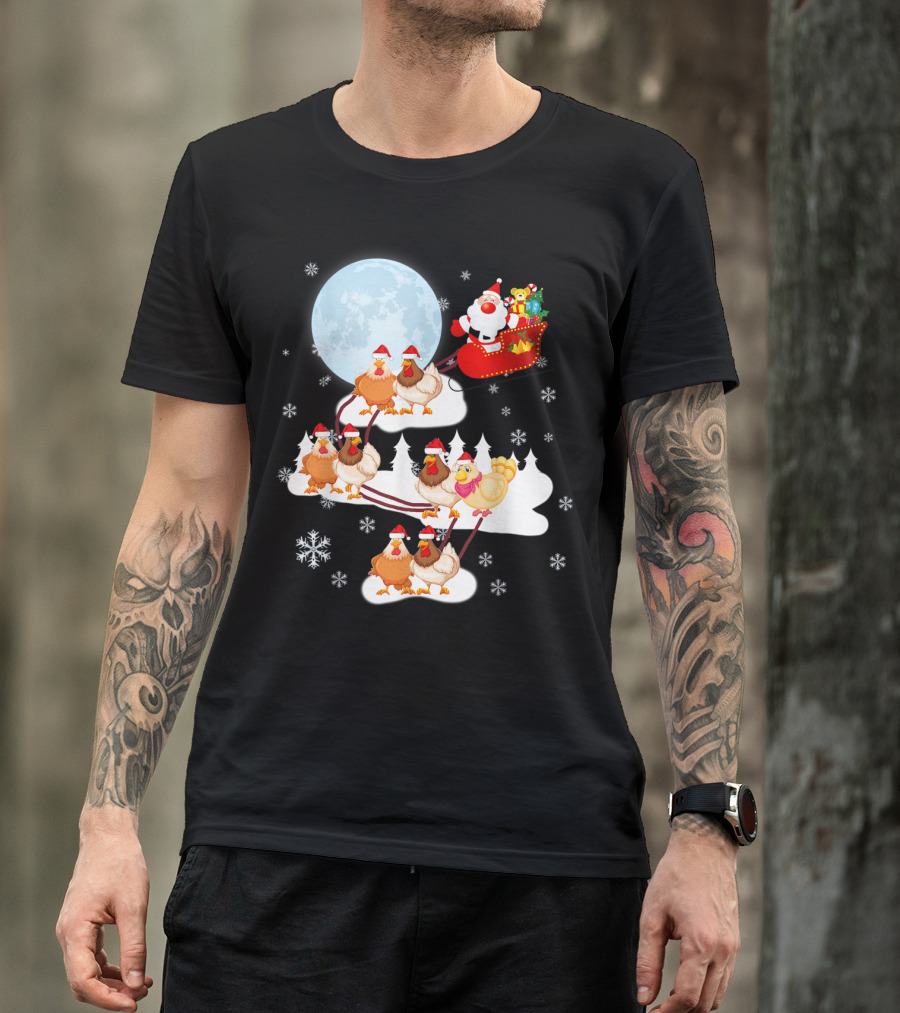 Santa Sleigh Sled Riding Chickens Full Moon Christmas Snowflakes T-Shirt
