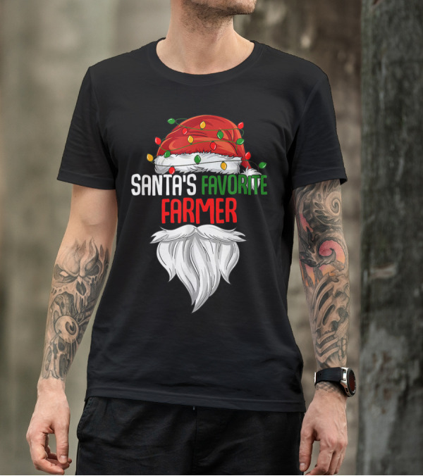 Santa's Favorite Farmer Christmas Beard And Hat Lights T-Shirt