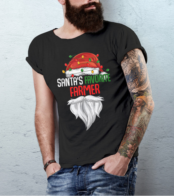 Santa's Favorite Farmer Christmas Beard And Hat Lights T-Shirt