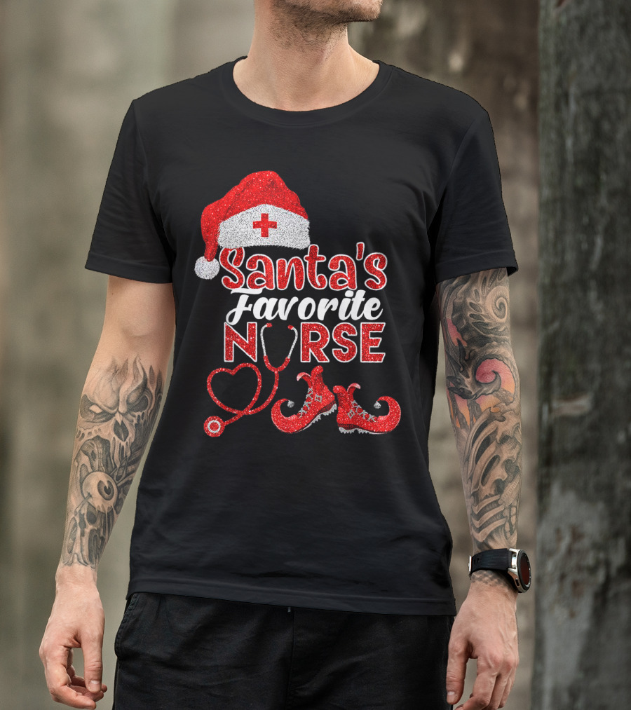 Santa's Favorite Nurse Heart Stethoscope Elf Shoes Merry Xmas Party T-Shirt