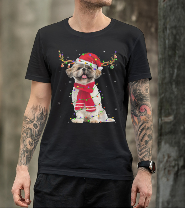 Shih Tzu Christmas Reindeer Antlers Red Scarf Santa Hat Festive Lights T-Shirt