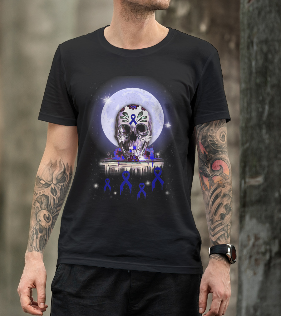 Skull With Floral Motifs And Blue Ribbon In Front Of Full Moon For Rectal Cancer Awareness T-Shirt