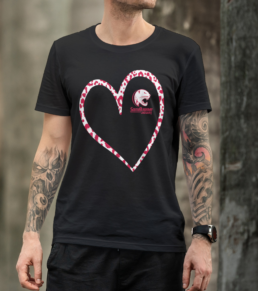 South Alabama Jaguars Leopard Print Heart T-Shirt