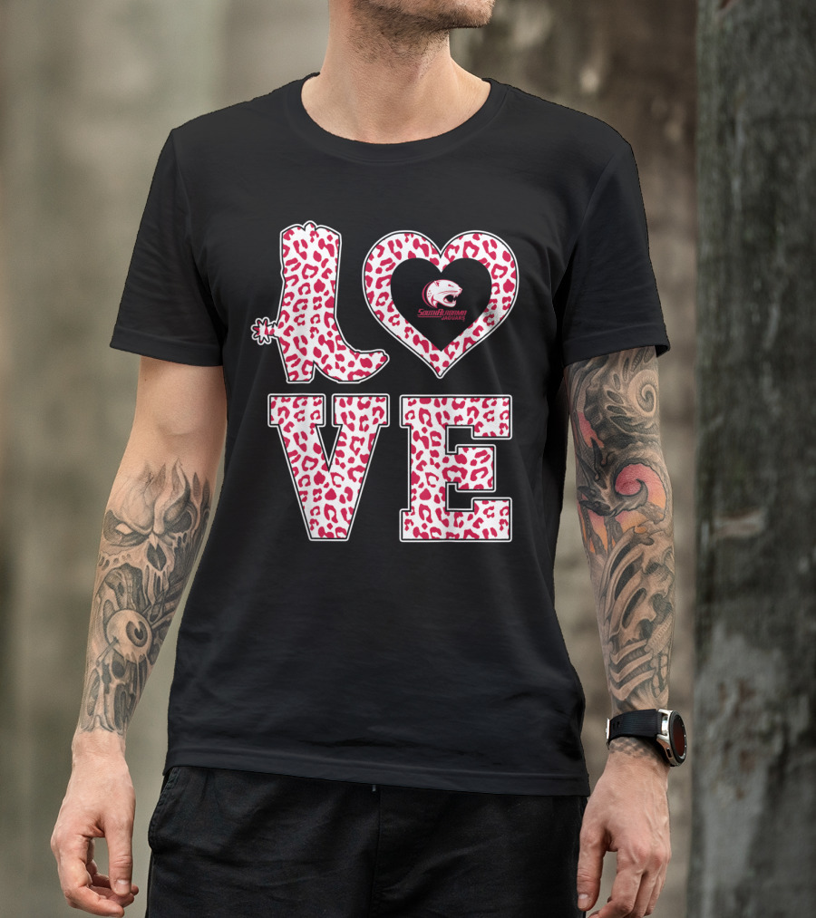 South Alabama Jaguars Leopard Print Love Logo Graduation T-Shirt