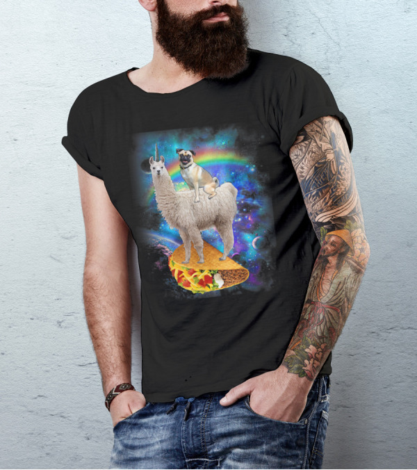 Space Pug On Llama With Taco In Galaxy Background T-Shirt