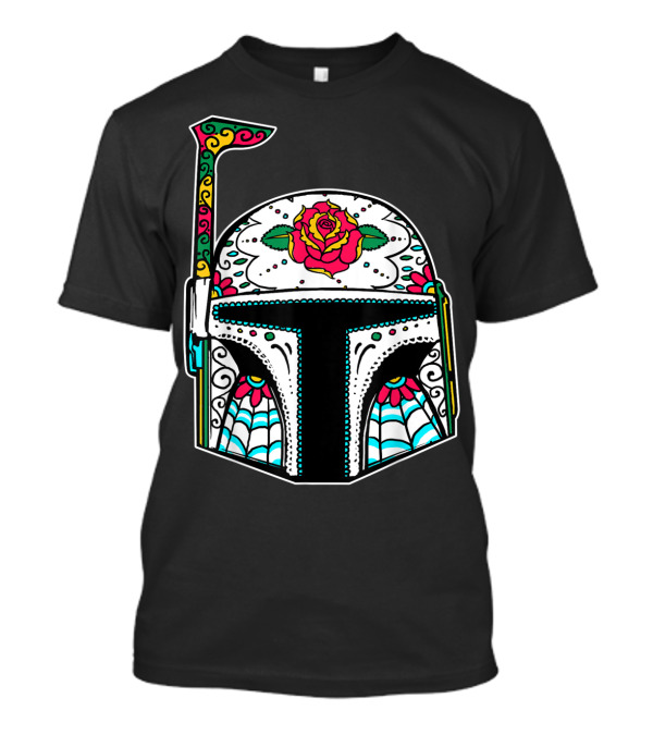 Boba Fett Mandalorian Sugar Skull Star Wars Rose Decorated Helmet T-Shirt
