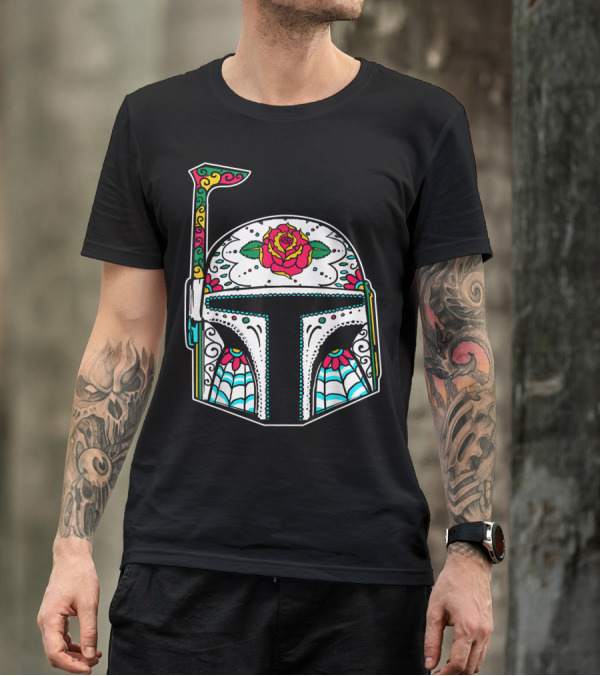 Boba Fett Mandalorian Sugar Skull Star Wars Rose Decorated Helmet T-Shirt