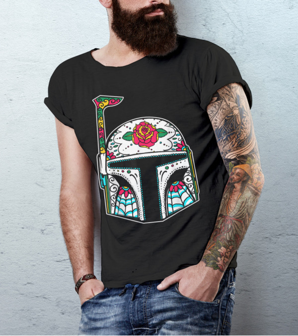 Boba Fett Mandalorian Sugar Skull Star Wars Rose Decorated Helmet T-Shirt