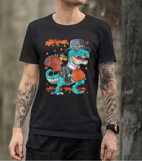 Thanksgiving Pilgrim T-Rex Dinosaur Dabbing Turkey With Pumpkin And Autumn Leaves T-Shirt