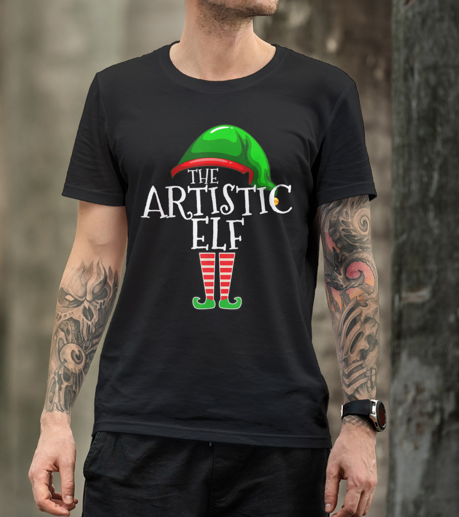 The Artistic Elf Green Hat Red Striped Socks T-Shirt