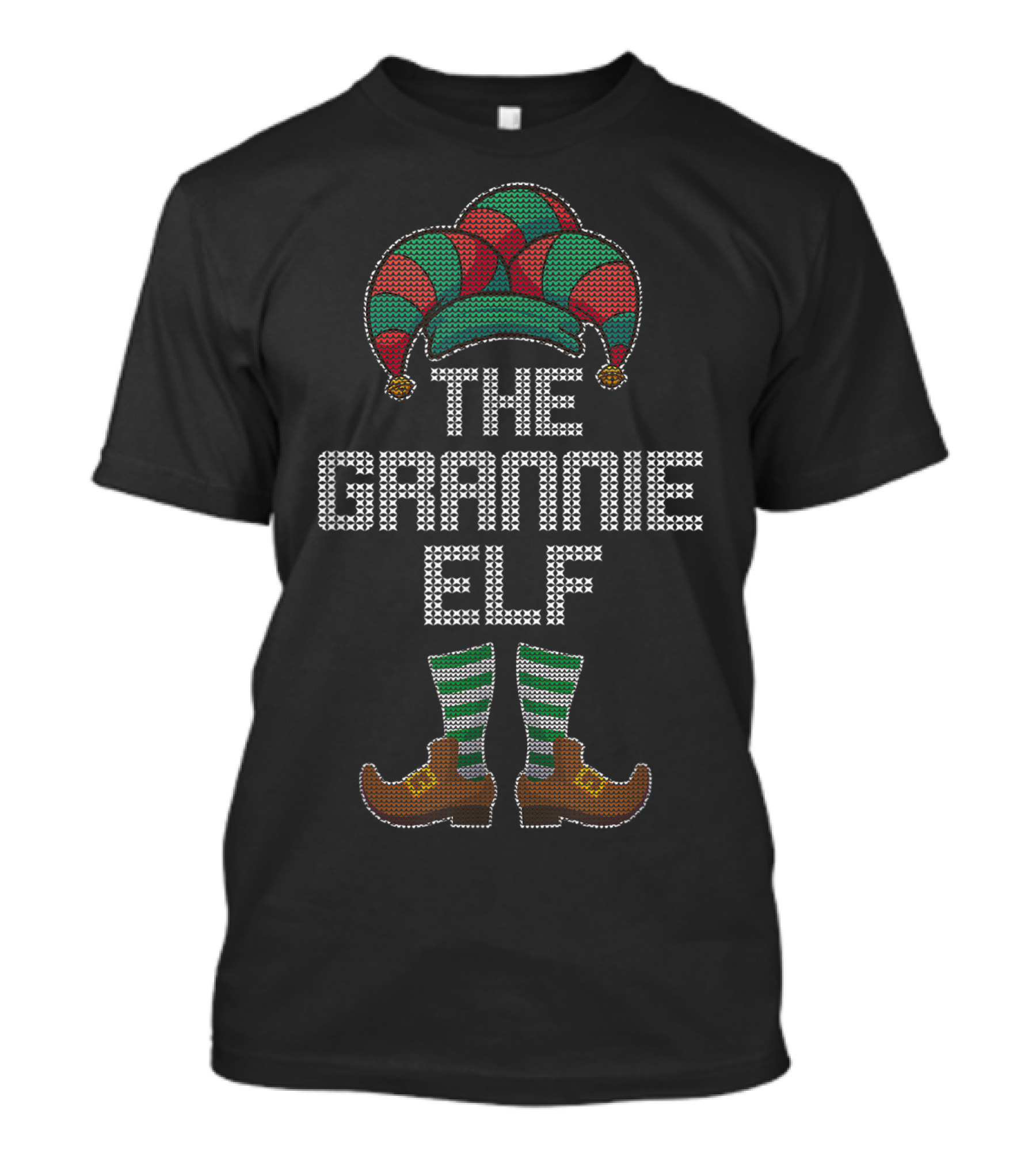 The Grannie Elf Holiday Festive Costume Jester Hat And Striped Socks T-Shirt