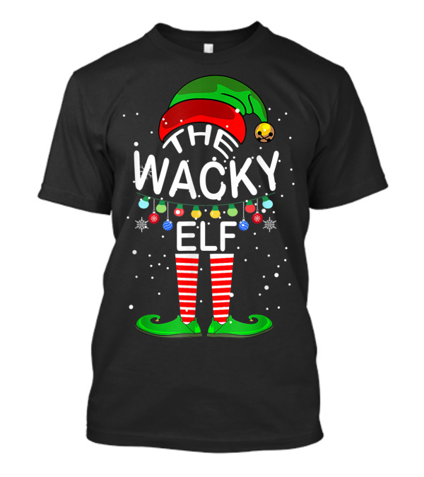 The Wacky Elf Red Green Hat Striped Socks Festive Lights Snowflakes T-Shirt