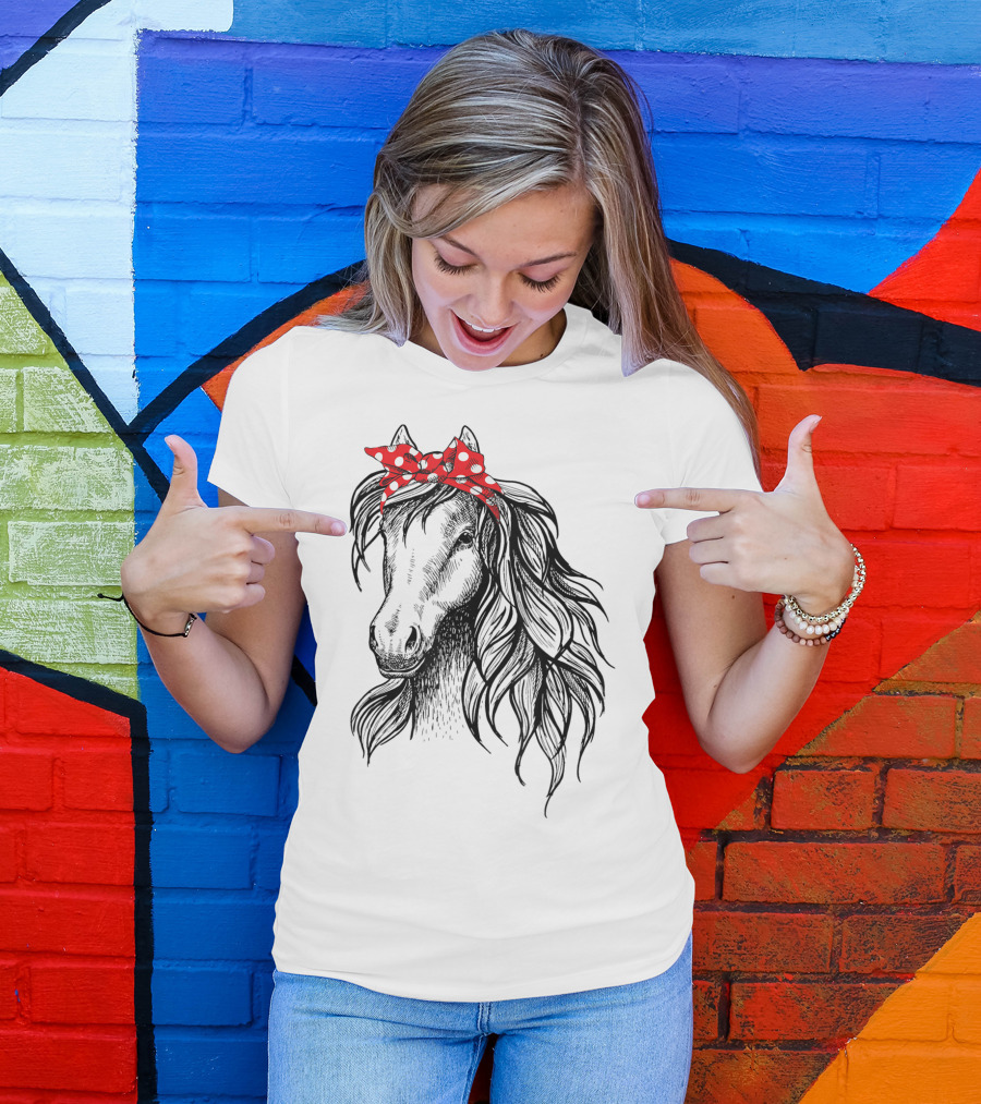 Cute Horse Red Polka Dot Bandana Headband Horse Lovers T-Shirt