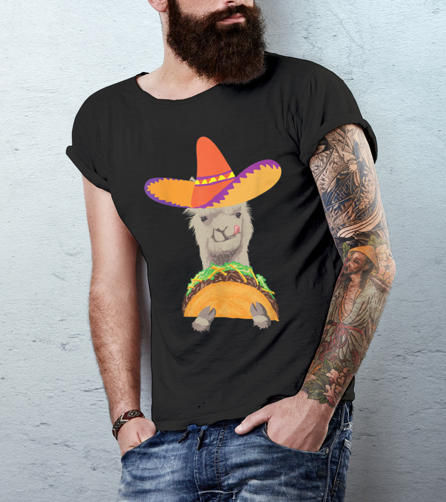 Llama Eating Taco With Sombrero Cool Mexican Alpaca T-Shirt