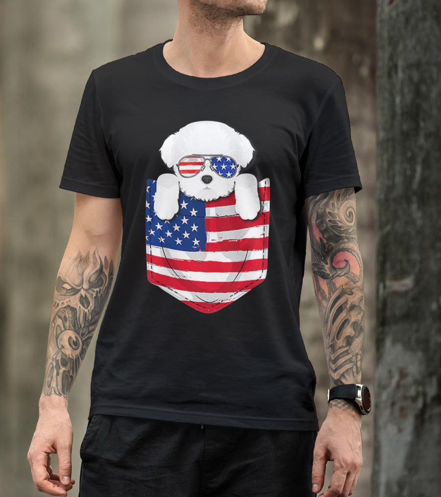 Maltese Dog Peeking Pocket American Flag Sunglasses T-Shirt