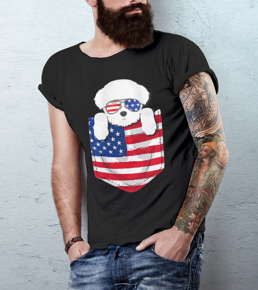 Maltese Dog Peeking Pocket American Flag Sunglasses T-Shirt
