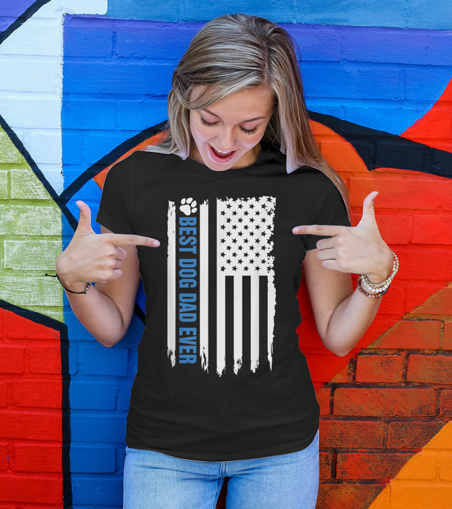 Best Dog Dad Ever Paw Print American Flag T-Shirt