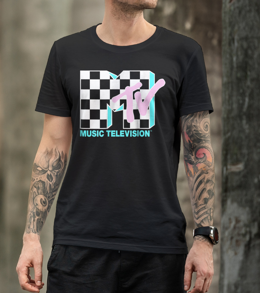 MTV Music Television Neon Checkered T-Shirt