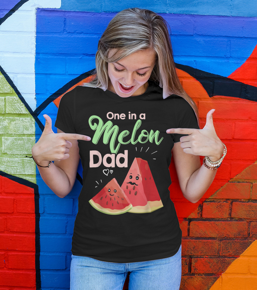 One In A Melon Dad Funny Watermelon With Cute Cartoon Slices And Hearts T-Shirt