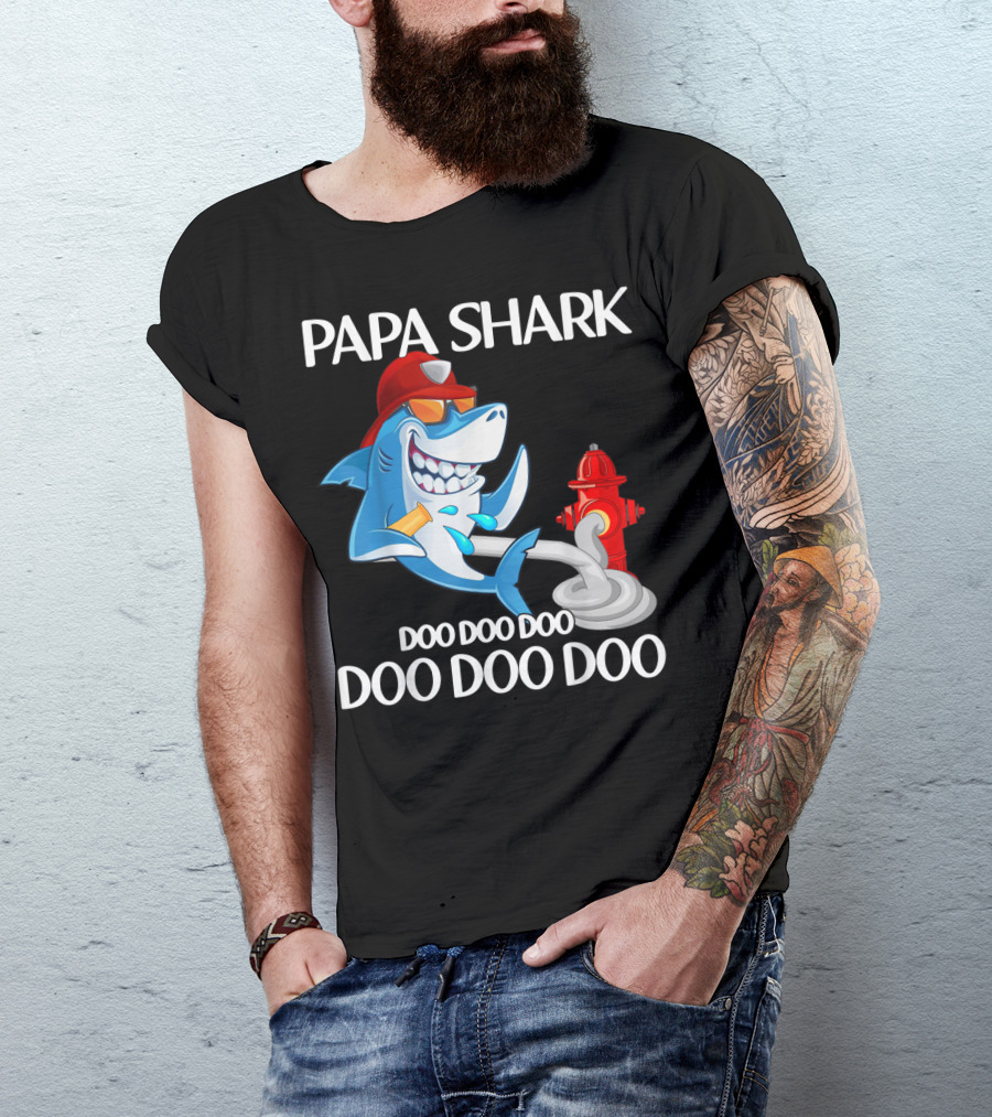 Papa Shark Doo Doo Doo Firefighter Father's Day Fun T-Shirt