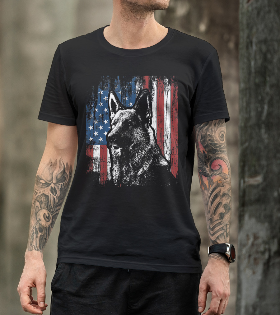 Patriotic German Shepherd With American Flag Background T-Shirt