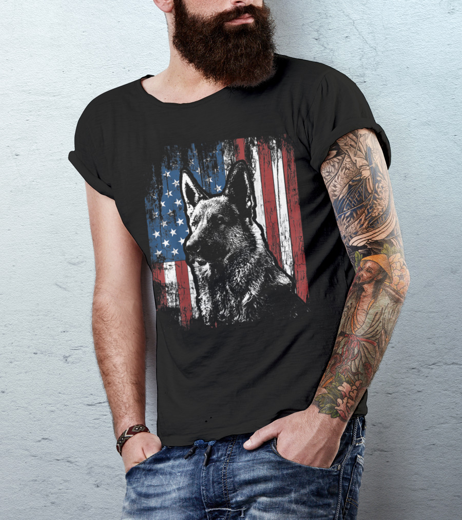 Patriotic German Shepherd With American Flag Background T-Shirt