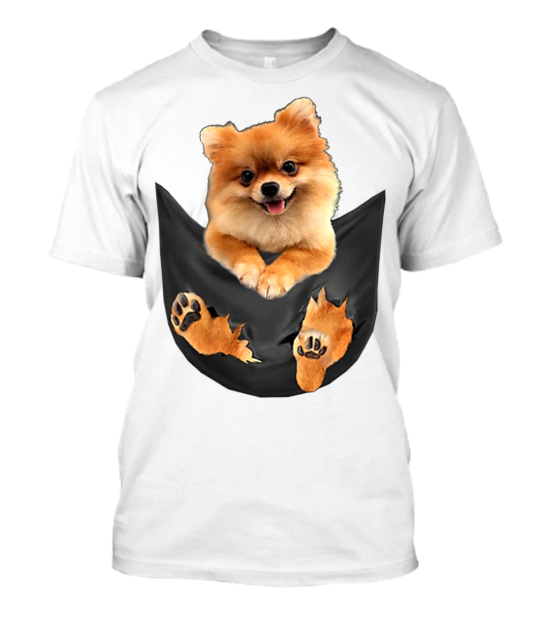 Pomeranian Pup In Faux Pocket With Paws Peeking Out T-Shirt