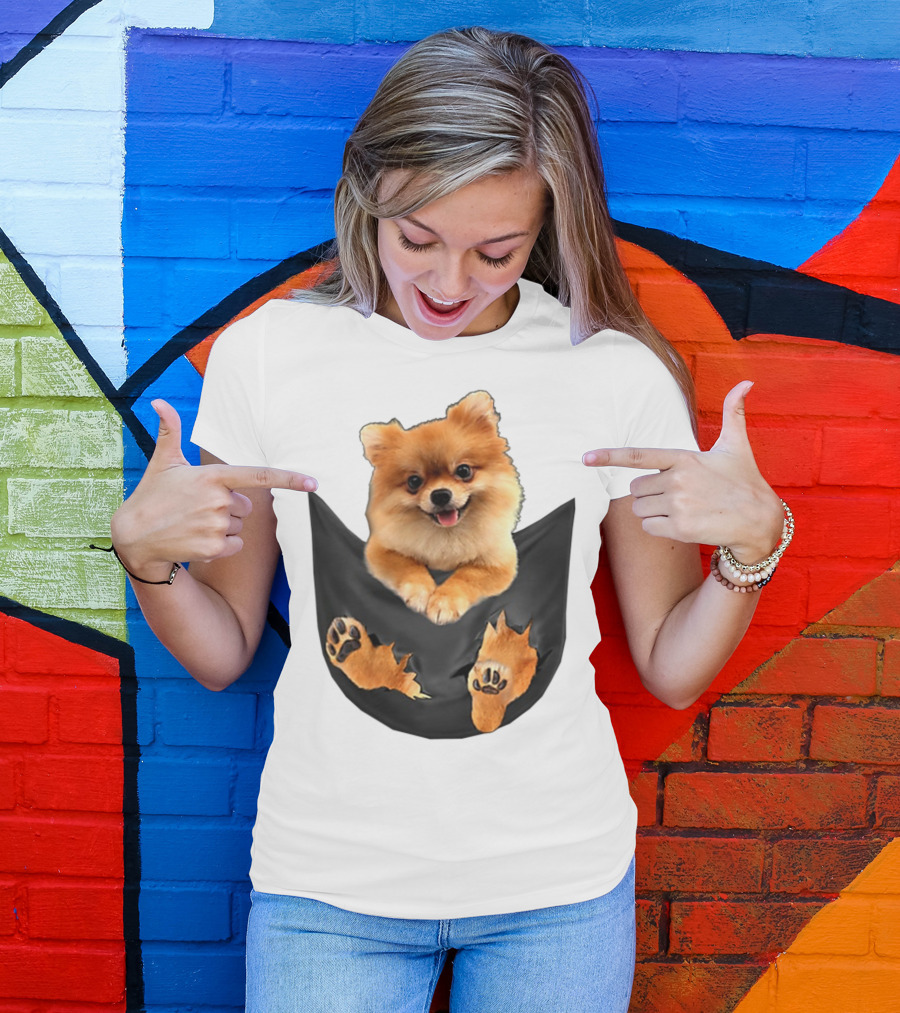 Pomeranian Pup In Faux Pocket With Paws Peeking Out T-Shirt