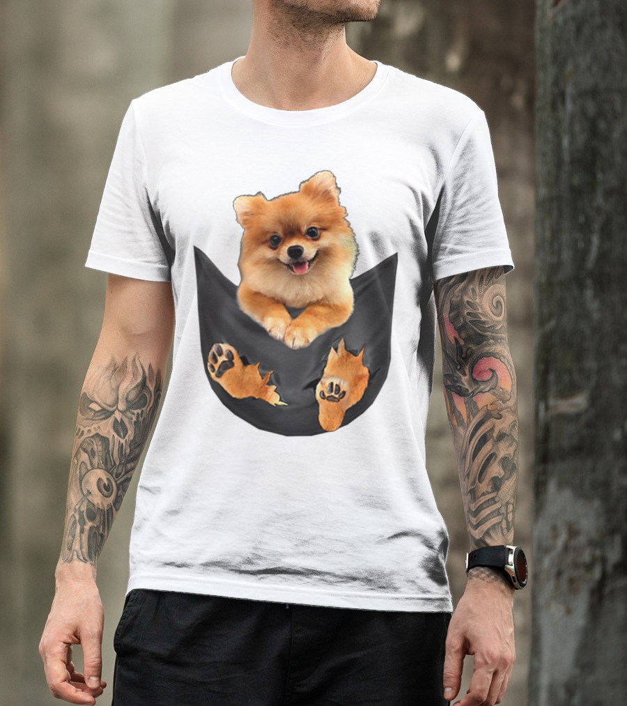Pomeranian Pup In Faux Pocket With Paws Peeking Out T-Shirt
