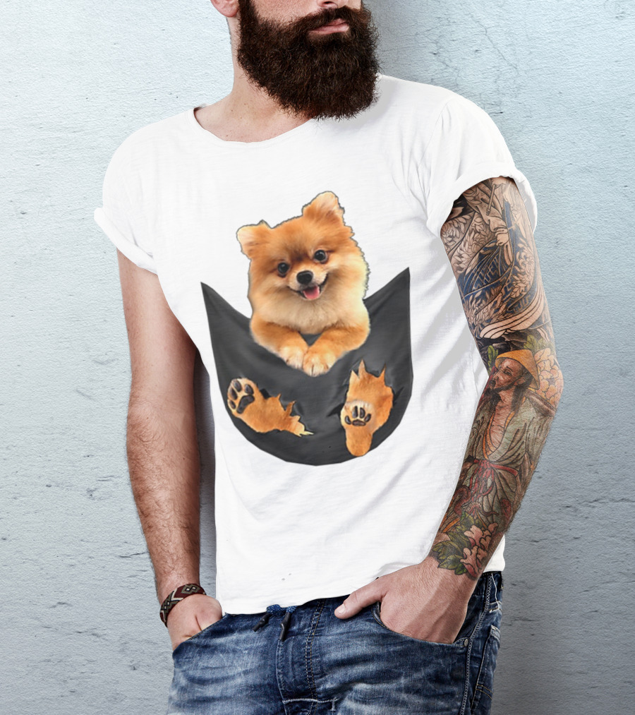 Pomeranian Pup In Faux Pocket With Paws Peeking Out T-Shirt