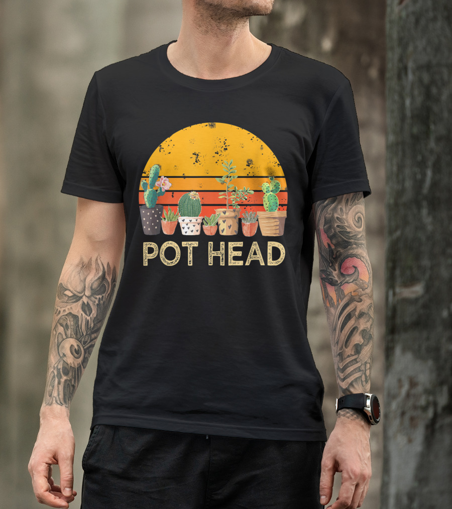 Pot Head Stone Flowers Cactus Vintage Sunset T-Shirt