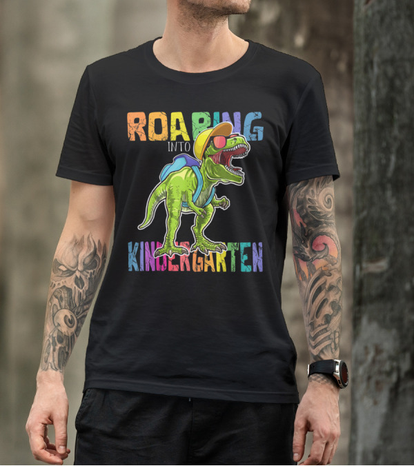 Roaring Into Kindergarten Dinosaur Rex With Backpack And Sunglasses T-Shirt