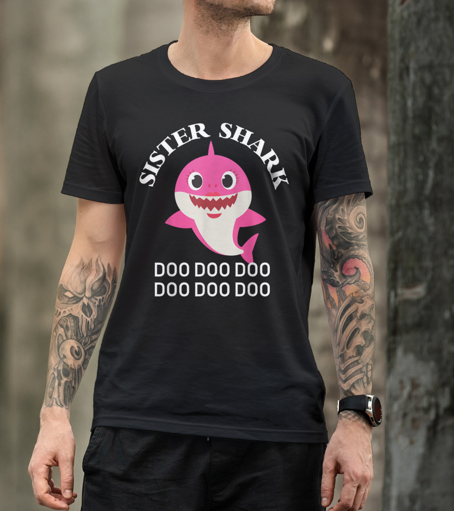 Sister Shark Doo Doo Doo Doo Doo Doo Pink Cartoon Family Shark T-Shirt