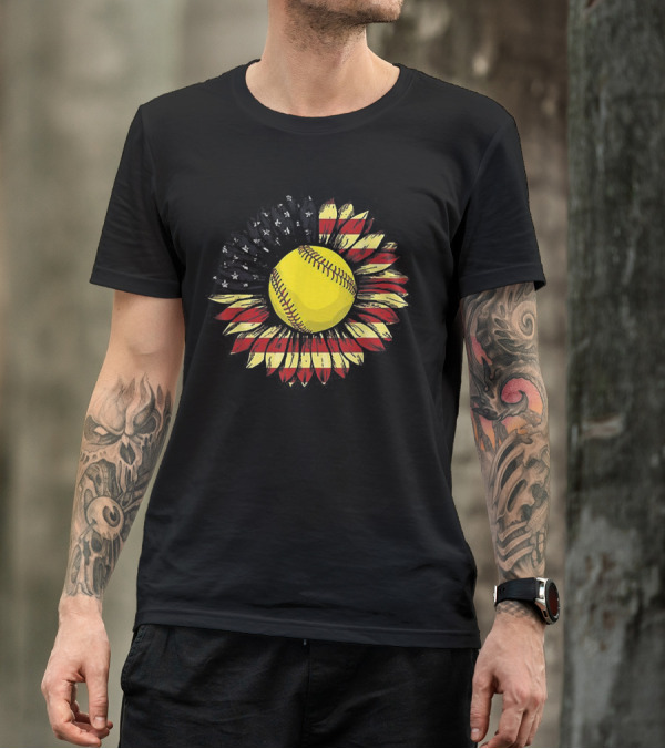 Sunflower Softball American Flag Baseball Stitching Sunflower Petals USA Colors T-Shirt