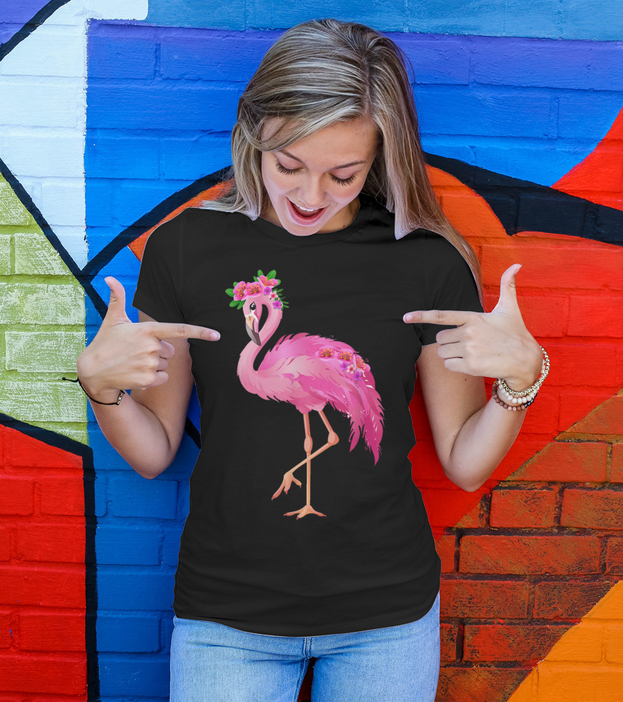 Pink Flamingo With Watercolor Hawaiian Flower Crown And Feathers T-Shirt