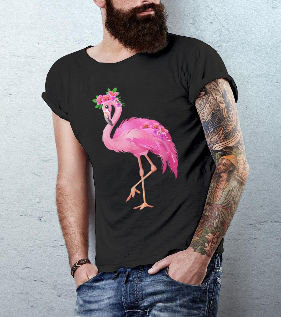 Pink Flamingo With Watercolor Hawaiian Flower Crown And Feathers T-Shirt