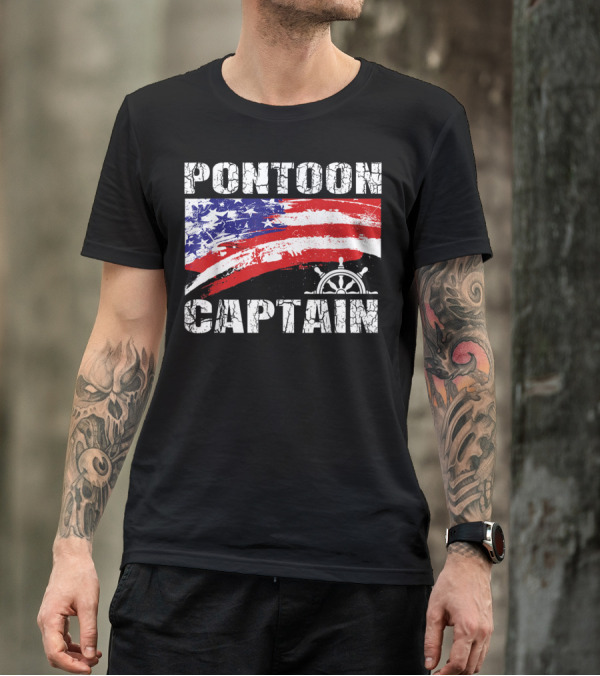 Pontoon Captain American Flag Steering Wheel Dad Boating T-Shirt