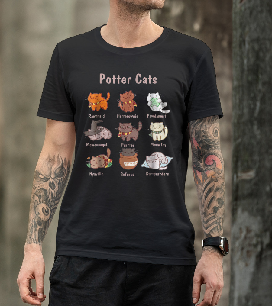 Potter Cats Rawrnald Hermeownie Pawdamort Mewgonagall Purrter Meowfoy Nyaville Sefurus Dumpurrdore Funny Cat Lovers T-Shirt