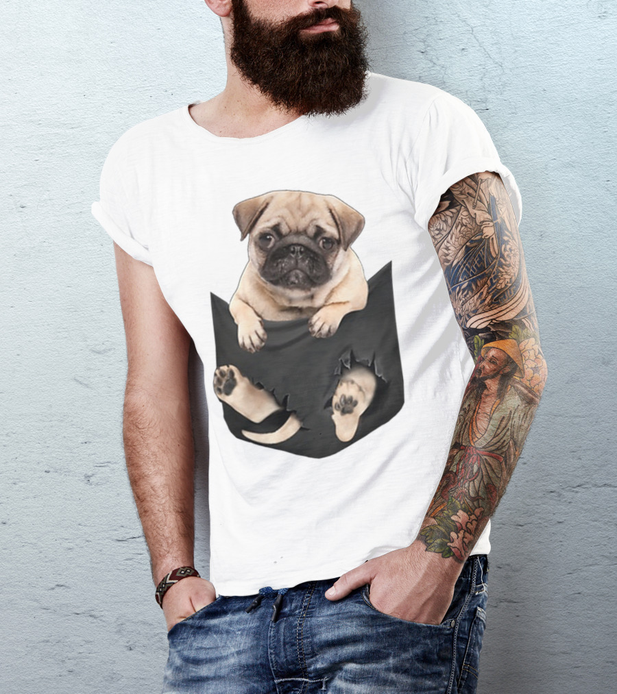 Pug Peeking Out Of Pocket With Paws Poking Through T-Shirt